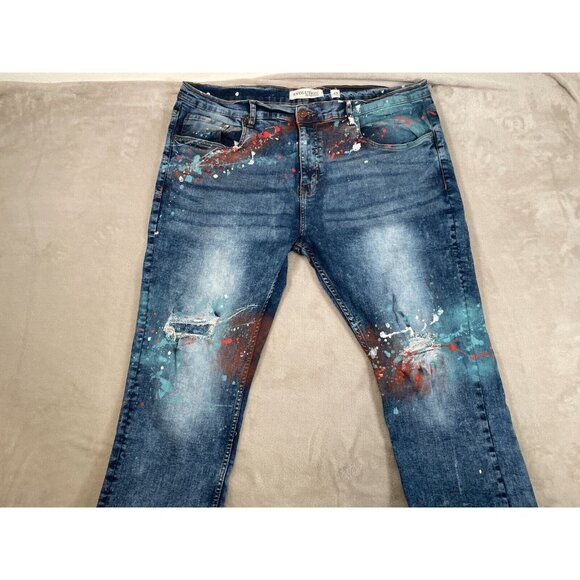 EVOLUTION Men’s Jeans Spray Down Denim Jeans Color Blue  Size 42 Inseam 32 - Picture 1 of 7